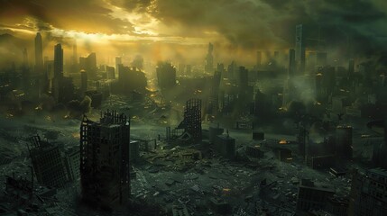 A post-apocalyptic city with a destroyed cityscape, overgrown with vegetation and ruins.