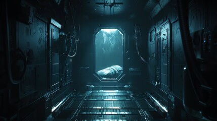 A dark and grungy spaceship interior with a single astronaut floating in the center