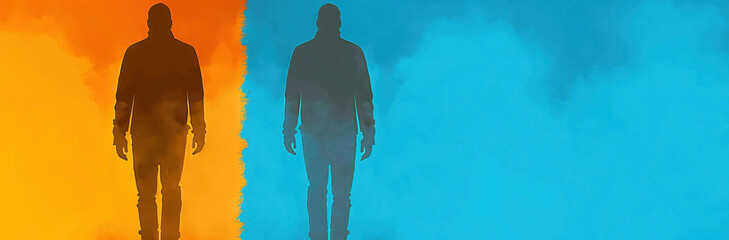 The Enigmatic Figure Before the Vibrant Wall. A person with an unknown identity is standing in front of a striking blue and yellow wall, creating a contrast of colors and mystery
