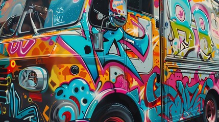 A photo of a graffiti covered van with bright colors and a lot of detail