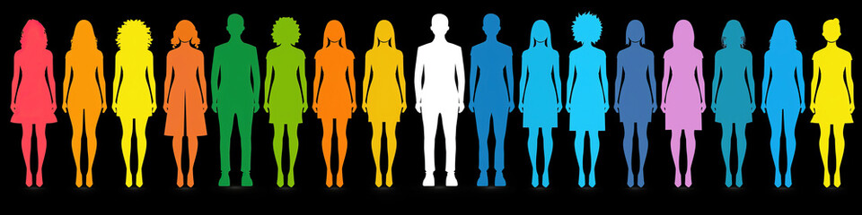 Vibrant spectrum of colorful silhouetted figures against a stark black background. A row of diverse, vibrant silhouettes stands side by side, creating a rainbow of human shapes.