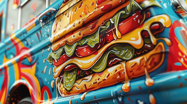 A photo of a food truck painted with a realistic image of a cheeseburger with lettuce, tomato, and onion.