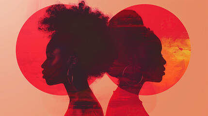 Dual elegance in silhouette: A tribute to feminine strength at twilight. Two womens silhouettes merge against a warm backdrop, reflecting unity and grace. Double exposure