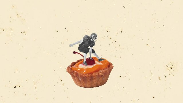 Contemporary art. Stop motion, animation. Man, American football player on delicious pie over beige background. Concept of retro style, creativity, surrealism, imagination. Copy space or ad, poster