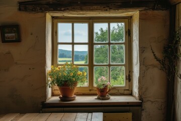 Fototapeta na wymiar Window see landscapes windowsill cottage room