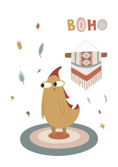 Cute dinosaur, boho concept. Template for banner, poster, notepad, printing. Vector illustration in flat modern style.