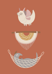 Cute dinosaur, boho concept. Template for banner, poster, notepad, printing. Vector illustration in flat modern style.