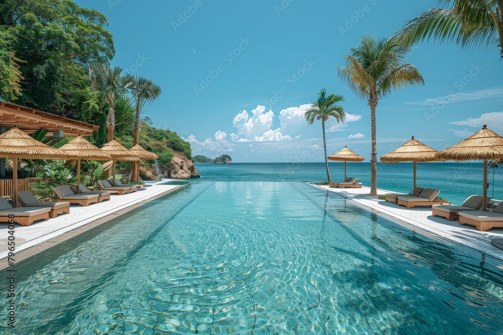 Sticker A panoramic view of the resort's pool and beach, with palm trees in the background.