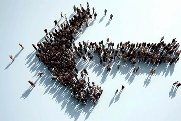 Aerial view of a crowd grouped in the shape of an arrow sign