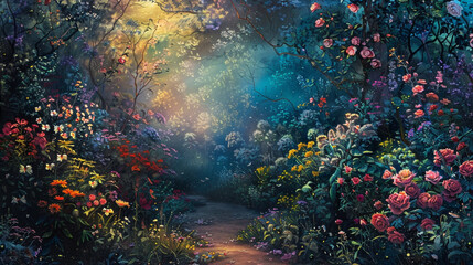 Fototapeta na wymiar A whimsical garden blooming with fantastical flora, bathed in the gentle gradient of an enchanted twilight, where imagination knows no bounds.