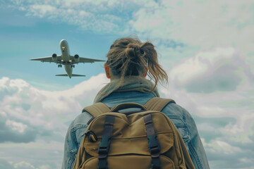 A female tourist wearing a backpack looking at airplane in the sky