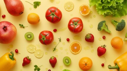 A colorful assortment of fruits and vegetables, including oranges, grapefruit, tomato