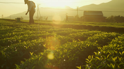 Organic tea cultivation in a lush green plantation setting, epitomizing sustainable agriculture, AI generative.