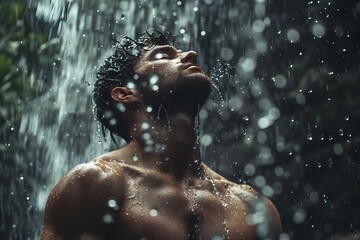 Fototapeta na wymiar Man rejuvenates under waterfall after outdoor workout for natural wellness and recovery. Concept Outdoor Activities, Wellness and Recovery, Nature Therapy, Waterfall Rejuvenation, Fitness and Health