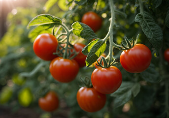 Ripe tomato cluster in greenhouse. Autumn vegetable harvest on organic farm.