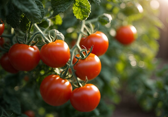 Ripe tomato cluster in greenhouse. Autumn vegetable harvest on organic farm.