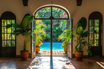 Window see pool house architecture outdoors - obrazy, fototapety, plakaty