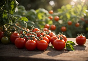 Ripe tomato cluster in greenhouse. Autumn vegetable harvest on organic farm.