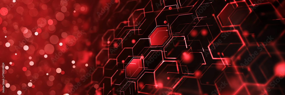 Wall mural red futuristic technology interface with hexagons and blurred bokeh