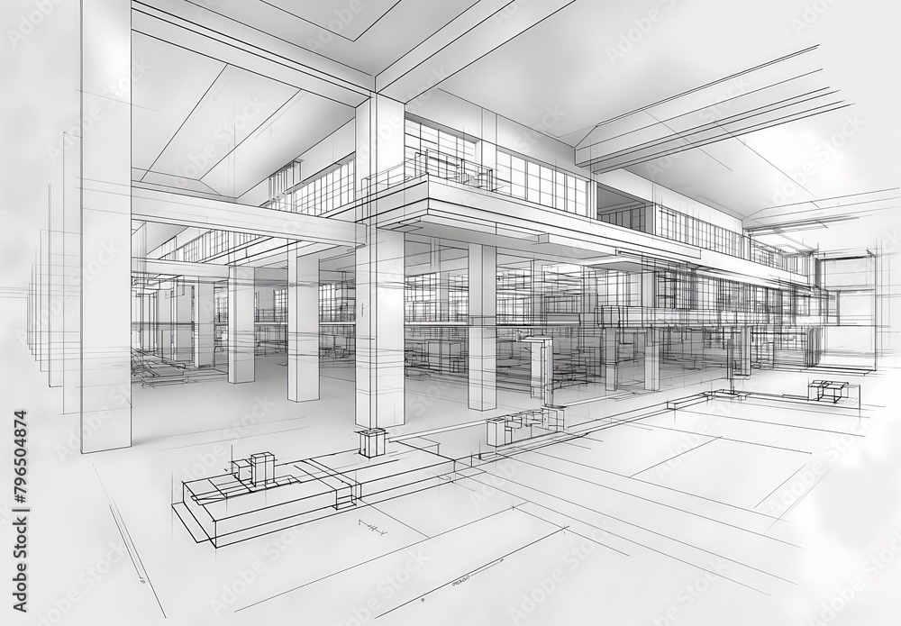 Poster Industrial building wireframe rendering with architectural and construction details