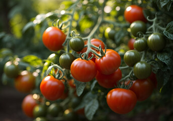 Ripe tomato cluster in greenhouse. Autumn vegetable harvest on organic farm.