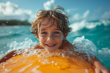 portrait of a happy child having fun on a bodyboard in the waves on a summer holiday - obrazy, fototapety, plakaty