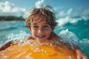 Kussenhoes portrait of a happy child having fun on a bodyboard in the waves on a summer holiday © ink drop