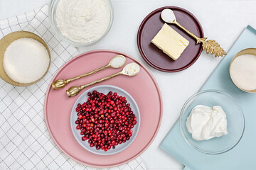 Ingredients for making berry pie. View from above. Culinary concept. Flat layout.