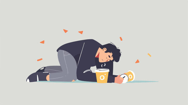 Tired Man embraces coffee cup and sleeps. Sad male pe