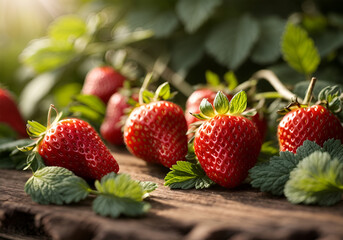 Ripe strawberries with leaves on wooden table on blurred background