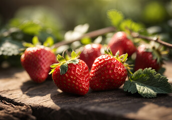 Ripe strawberries with leaves on wooden table on blurred background