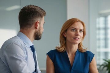 A man and woman in office attire having a serious talk. The man in blue shirt and tie, woman in blue dress. Engaged in discussion about work projects on a conference table in a modern office