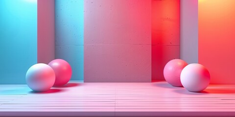 A room with pink and blue walls and a white floor