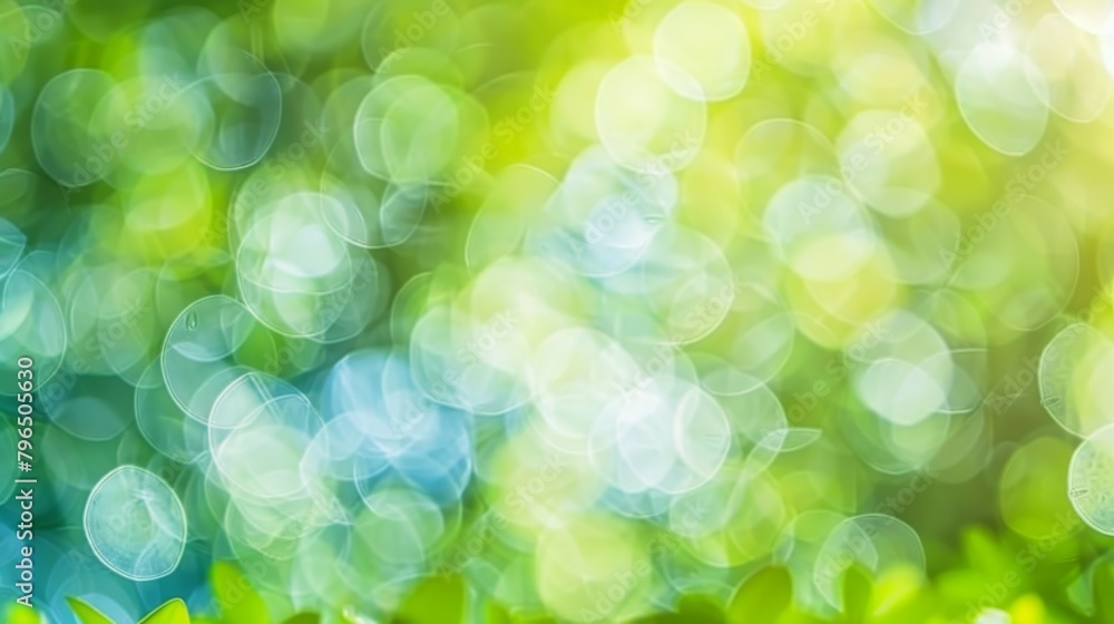 Poster blurred spring meadow with sunny sky gradient and defocused bokeh for serene natural backdrop