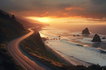 Fototapeta premium Ocean sunset road landscape outdoors horizon