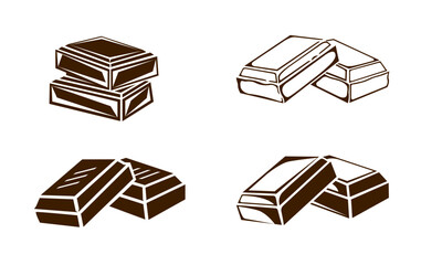 Set of illustrations of a chocolate bar icon. Hand drawn outline, broken dark slab of milk or dark bitter chocolate, stack of sweet cocoa candy blocks, square shaped cocoa dessert bars