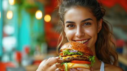 young woman eating cheese burger