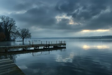 Naklejka premium Mystic Lake at Dawn: Tranquil Waters Under Brooding Skies