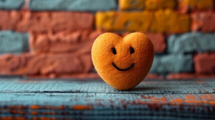 Happy Plush Heart in Front of a Wall - obrazy, fototapety, plakaty