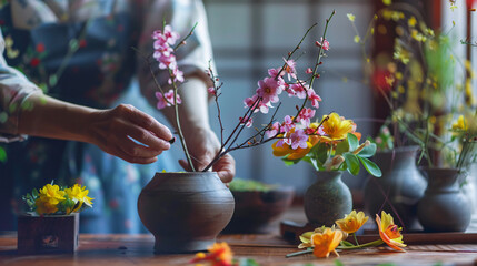 Woman making ikebana at table in room closeup