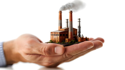 Hand of a businessman holding a miniature factory or a model of a factory smoking. Concept of work, entrepreneurship, industry and new jobs. 