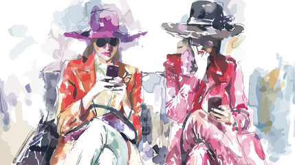 Two women dressed stylishly wait outside blogging 