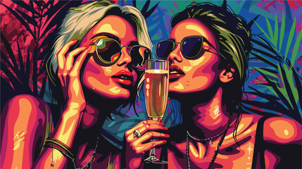 Two women drinking champagne wearing sunglasses and s