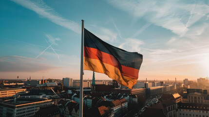 German Flag The black red and gold flag of Germany flying high over a bustling cityscape representing unity democracy and the strength of the nation - obrazy, fototapety, plakaty