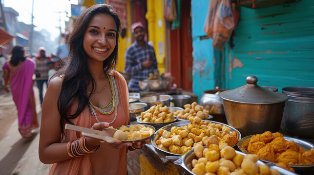 Young woman enjoying indian street food.