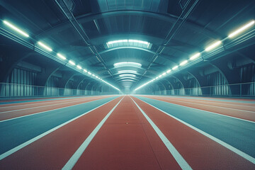 Empty running tracks in a large sports stadium illuminated by floodlights. Generated by artificial intelligence