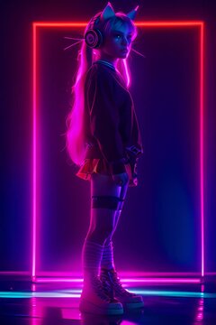 a video featuring a girl with gradient hair and cat ear headphones rendered in a 3D production environment, with soft lighting and a neon background.