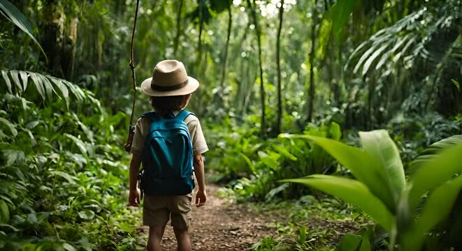 Adventurous boy in the jungle.