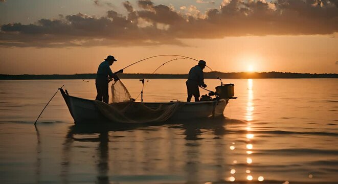 Fishermen fishing with net.