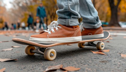 Teenager placing foot on skateboard in urban environment with blurred crowd on street